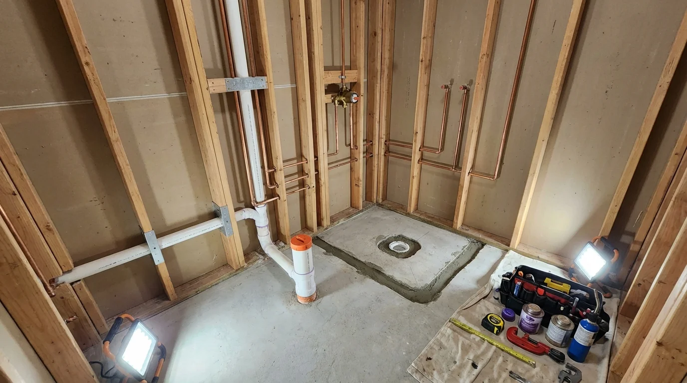 Bathroom rough-in plumbing during remodel by Johns Plumbing LLC in Golden Meadow