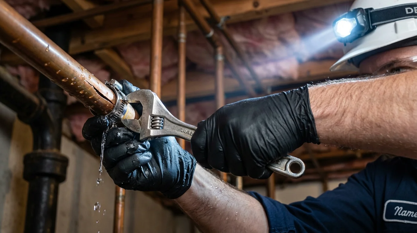 Emergency pipe clamp repair being performed by a Johns Plumbing LLC plumber in Golden Meadow