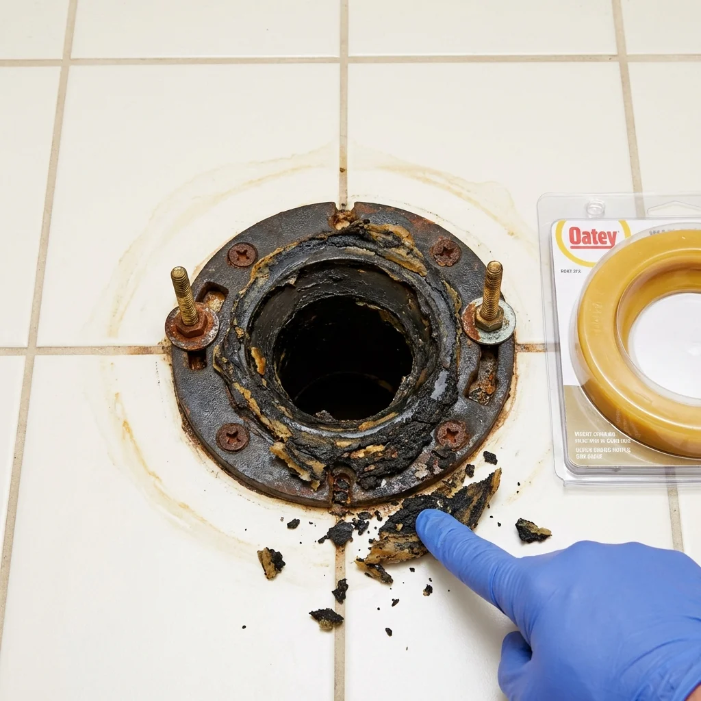 Failed wax ring showing water seepage at the base of a toilet in a Golden Meadow, LA home