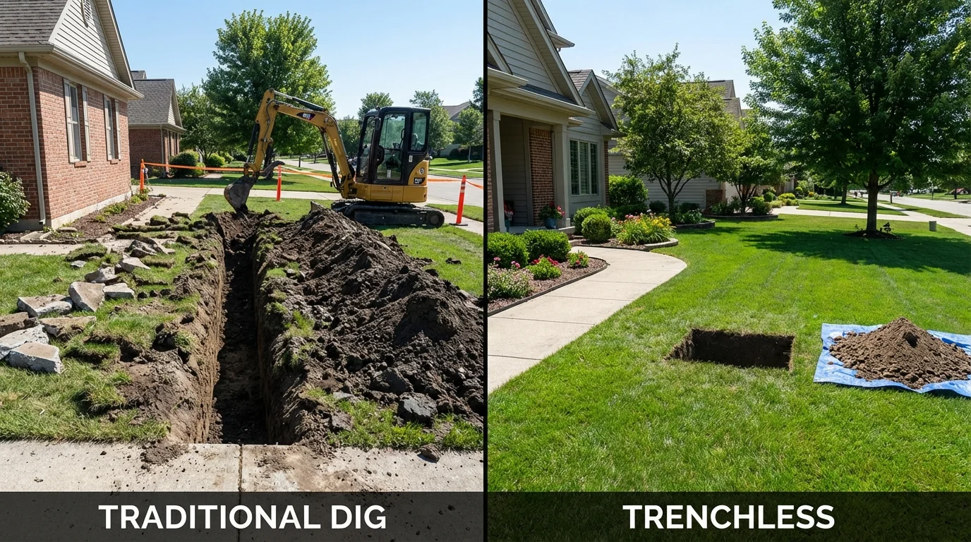 Trenchless sewer repair with minimal yard damage versus traditional excavation in Golden Meadow, LA