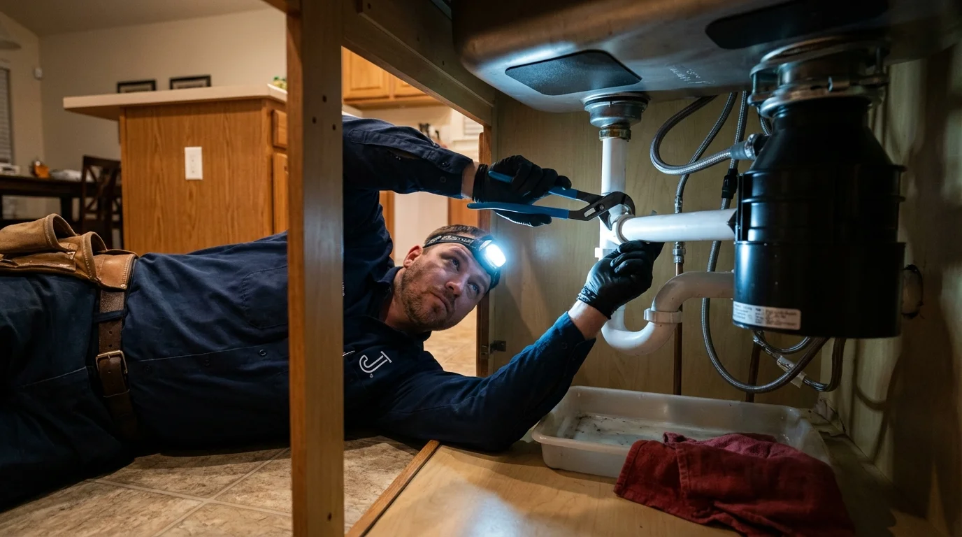 P-trap and supply line connections under a kitchen sink showing a common leak point in Golden Meadow, LA